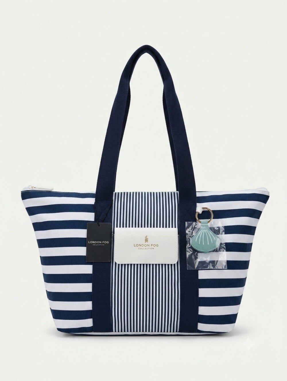 London Fog Navy & White Striped Tote with Charm (Mystery Gift Inside)